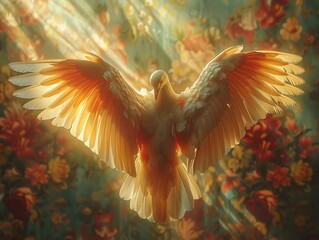 White Dove with Golden Wings in a Floral Setting