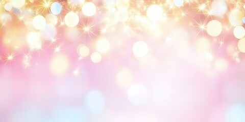 Obraz premium Abstract festive background with a pink and white blurred background and sparkling golden lights.