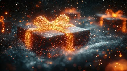 A beautifully wrapped gift box adorned with a glowing orange bow, surrounded by sparkling particles in a dark atmosphere, perfect for festive occasions.