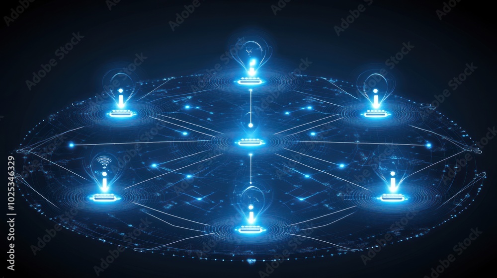 Aufkleber Blue glowing abstract network of nodes and lines