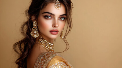 A woman with gold jewelry and a gold necklace is standing in front of a tan background. She has a beautiful smile and her hair is styled in a bun