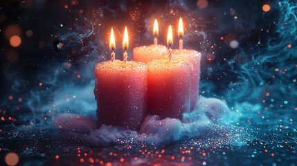 A serene arrangement of three pink candles with sparkling glitters, surrounded by ethereal blue smoke and glowing lights, creating a magical ambiance.