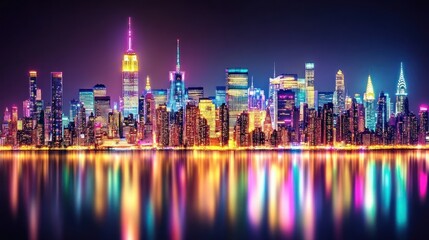 Illuminated Skyscrapers Reflecting in a Calm City Waterway