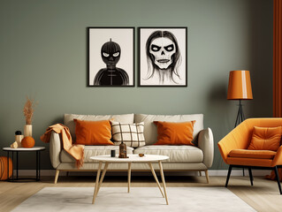 Scandinavian scandi modern minimalist cozy living room interior with fall and halloween decor. Sage couch with orange pillows. Pumpkin decor