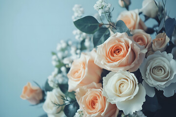Obraz premium Beautiful pastel floral arrangement featuring roses and greenery for elegant designs