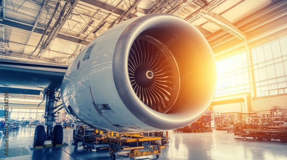 Poster close-up of an airplane engine in a hangar with sunlight streaming in