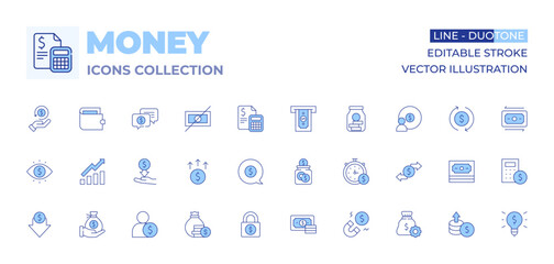 Money icons collection. Line Duotone style, editable stroke. lock, money talk, expense, monitor, salary, no, increase, employee, calculator, wallet, eye, cashback, low price, support