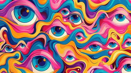 Fototapeta premium Abstract Digital Artwork with Multiple Eyes Embedded in Swirling Colorful Shapes