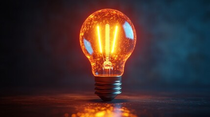 A light bulb is lit up and is sitting on a dark surface