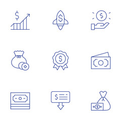 Money icons set. Thin Line style, editable stroke. money, stock, money bag, rocket, badge, extract