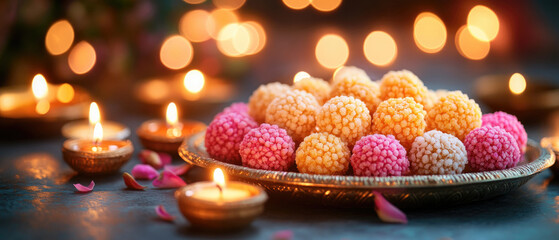 A plate of colorful candies sits on a table with lit candles in the background. The candles create a warm and inviting atmosphere, perfect for a festive occasion