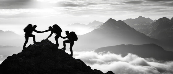 Three people are climbing a mountain together. They are all wearing backpacks and are helping each other up the mountain