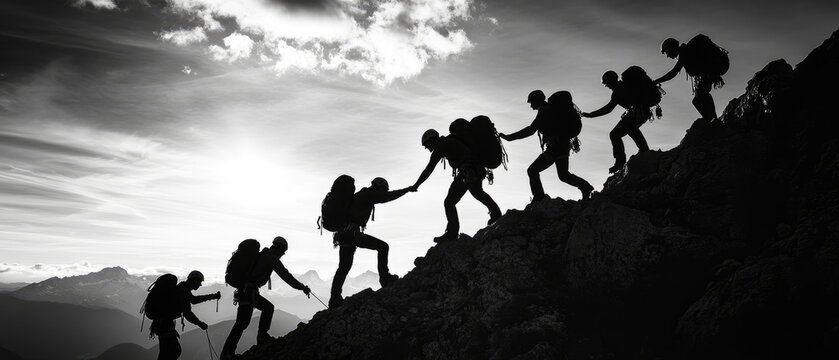 A group of people are climbing a mountain together. The image is in black and white and the people are silhouetted against the sky. Scene is one of teamwork
