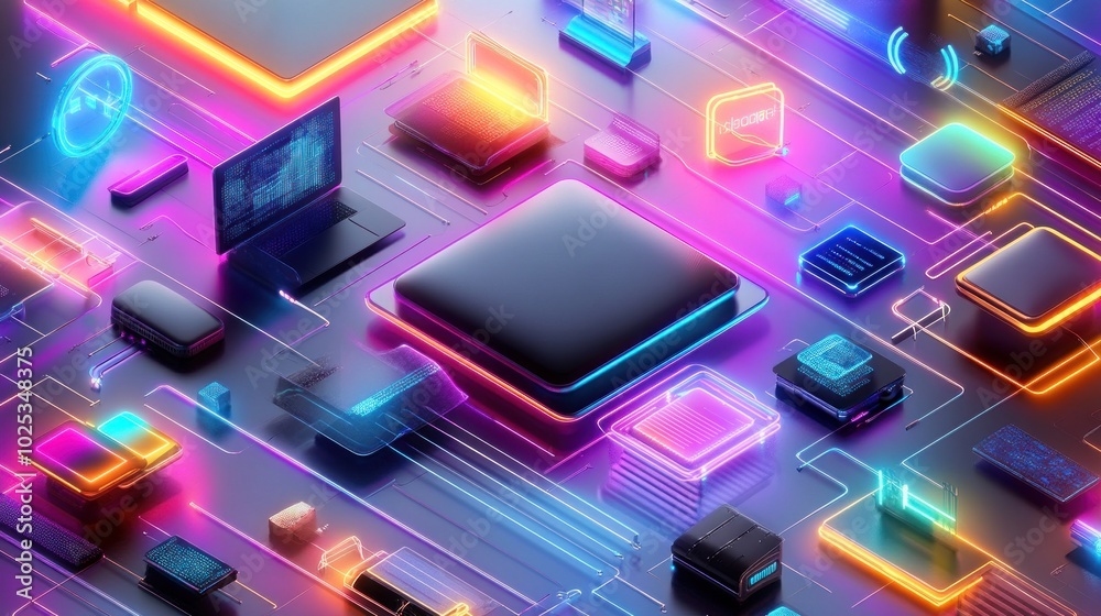 Poster Abstract 3D Rendering of Neon-Lit Geometric Shapes on a Circuit Board