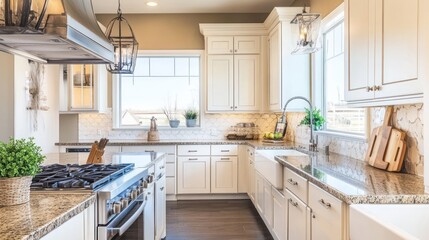 Fototapeta premium Modern Kitchen with White Cabinets, Granite Countertops, and Stainless Steel Appliances