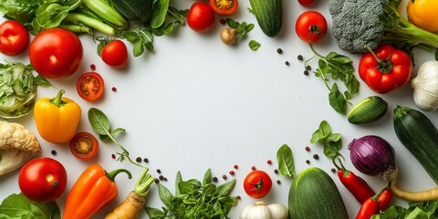 Top view of a circular arrangement of colorful fresh vegetables and fruits with a blank white space in the center for text