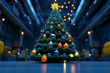 3D animated Christmas tree being decorated, with the ornaments and lights gently floating onto the tree, perfectly placed in a smooth, digital sequence