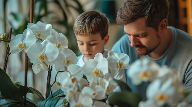 A father and son engage in a nurturing moment surrounded by white orchids, emphasizing healthy habits and awareness during Men's Health Month - Powered by Adobe