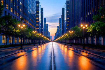 Obraz premium At night, a city street in the downtown area.