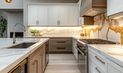 Kitchen countertop and cabinets with cove light, kitchen interior