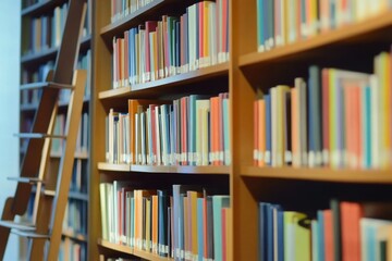 Close-up of colorful books on a library wall with shelves and ladders in the foreground, tranquil atmosphere