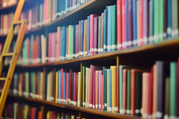 Close-up of colorful books on a library wall with shelves and ladders in the foreground, tranquil atmosphere