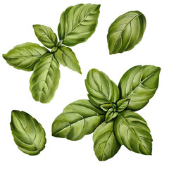 Watercolor basil clipart. Hand drawn realistic botanical illustration isolated on transparent PNG background. Spices herbs element for food recipes, culinary, labels, cookbook. 