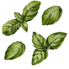 Watercolor basil. Hand drawn realistic botanical illustration isolated on transparent PNG background. Spices herbs element for food recipes, culinary, labels, cookbook. 