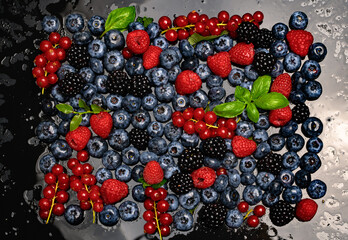 Background of fresh berries. Berry fruit. Blueberries, blackberries and raspberries. Vitamins in natural products. Berries.