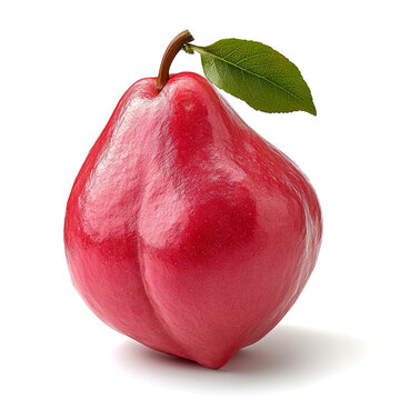 A single, ripe, red guava with a green leaf on a white background.