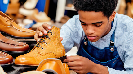 Young artisan carefully inspecting handmade leather boots in a shoe workshop. AI-generated.