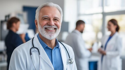 An older man with a beard smiles in the foreground, while a doctor and other medical professionals are blurred in the background