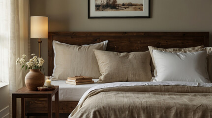 a serene and minimalist bedroom setting bathed in soft, natural light