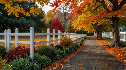 Naklejka premium a gravel pathway leading through a white picket fence, surrounded by vibrant autumn foliage