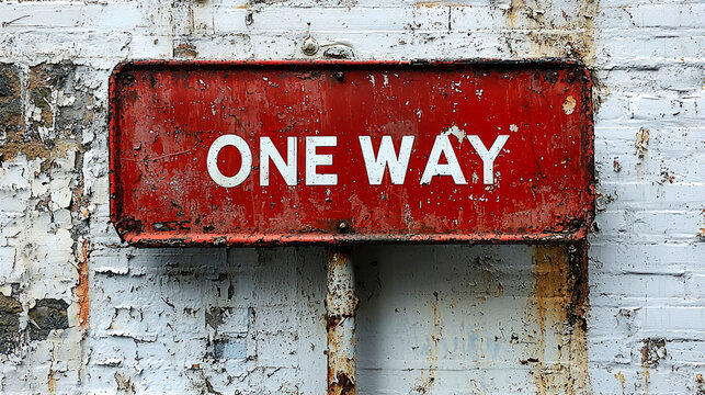 A weathered red and white 'One Way' sign on a brick wall.