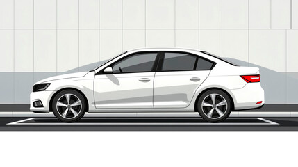 A white sedan parked in a parking spot.