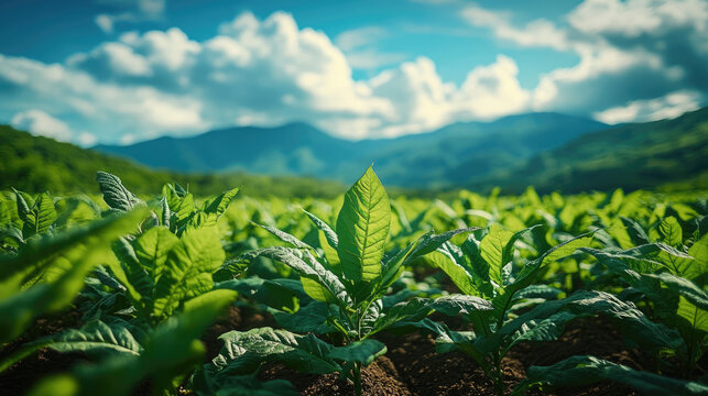 A lush green field with a mountain in the background. The field is full of plants and the sky is blue