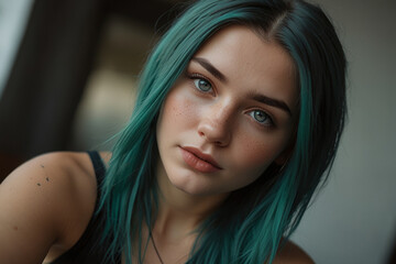 Naklejka premium a girl with green hairstyle . she has straightened straight hair. She has blue light eyes