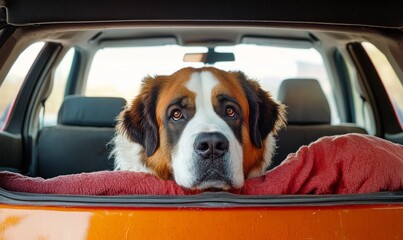Portrait of Saint Bernard seen through open car trunk