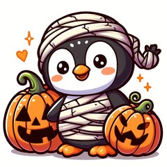 Cute Penguin Mummy with Pumpkin Halloween Cartoon Vector Icon Illustration