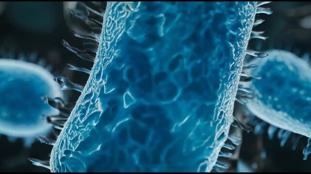 Video of blue bacteria under a microscope. The bacteria swim in a clear liquid. The background is dark.