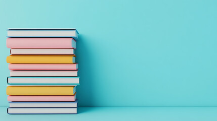 A colorful stack of books arranged against a bright turquoise background, perfect for showcasing the joy of reading and education.