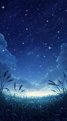 Naklejka premium Nighttime Landscape with a Starry Sky and Grassy Field
