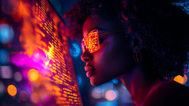 A young woman with curly hair and reflective glasses stares intently at a computer screen with code displayed on it. The room is dimly lit with colorful lights reflecting in her glasses.