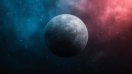 A stunning depiction of the planet Mercury in space, surrounded by colorful nebulas of blue and pink hues, creating a cosmic atmosphere.