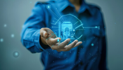 Person is pointing at a blue circle with a car inside. Concept of technology and innovation, as the car is a symbol of modern transportation. The blue color of the circle adds a futuristic