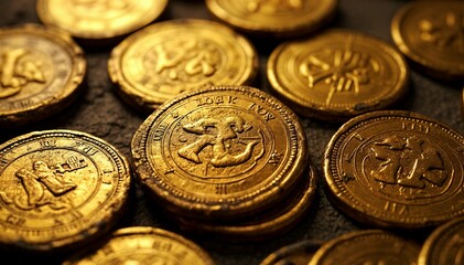 Shot of Ancient Gold Coins with Historical Engravings
