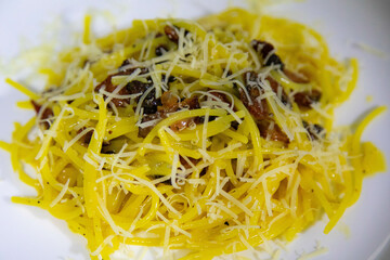 Traditional spaghetti carbonara with guanciale bacon
