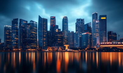 Modern city with skyscrapers and residential buildings at evening