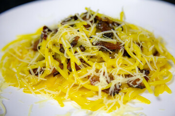 Traditional spaghetti carbonara with guanciale bacon